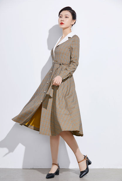 Brown Cotton Plaid Shirt Dress - Fit and Flare A-Line Silhouette 2321