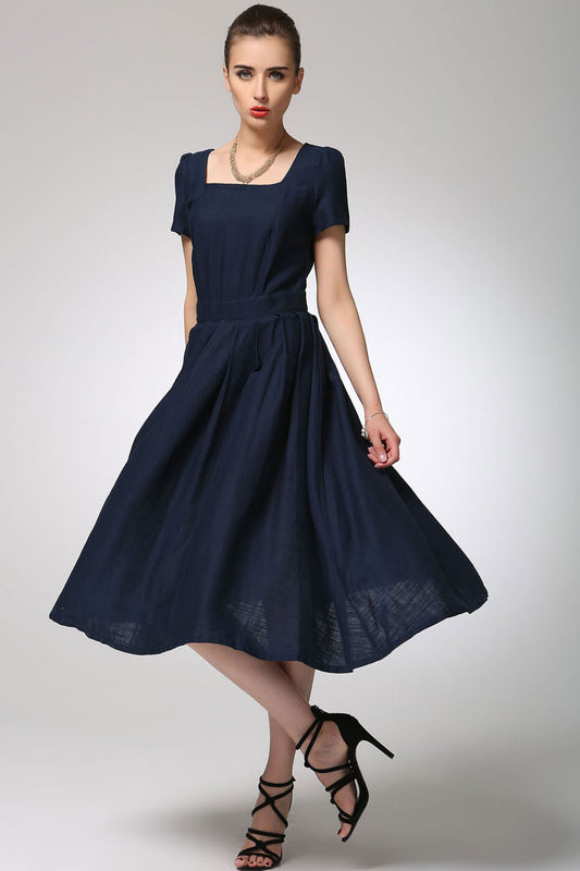 Navy blue linen dress midi women dress 1261#