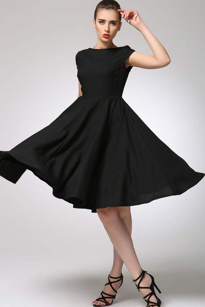 Black Linen Fit and Flared Dress - Boat Neck Cap Sleeve 1263