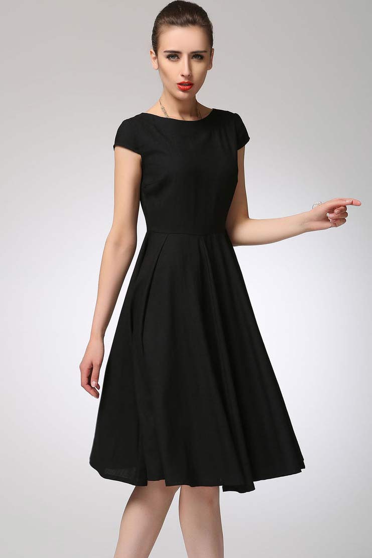 Black Linen Fit and Flared Dress with Boat Neck and Cap Sleeves Xiaolizi Black Linen Fit and Flared Dress with Boat Neck and Cap Sleeves Xiaolizi