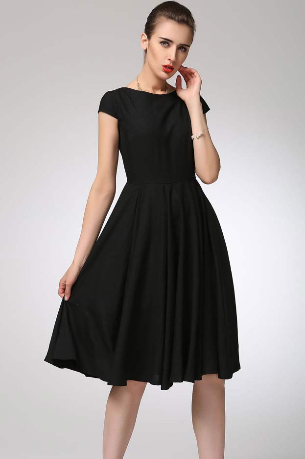 Black Linen Fit and Flared Dress - Boat Neck Cap Sleeve 1263 - Black / XS Black Linen Fit and Flared Dress - Boat Neck Cap Sleeve 1263 - Black / XS