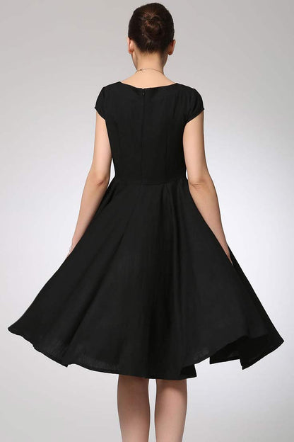 Black Linen Fit and Flared Dress - Boat Neck Cap Sleeve 1263