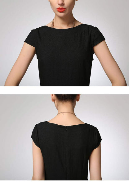 Black Linen Fit and Flared Dress - Boat Neck Cap Sleeve 1263