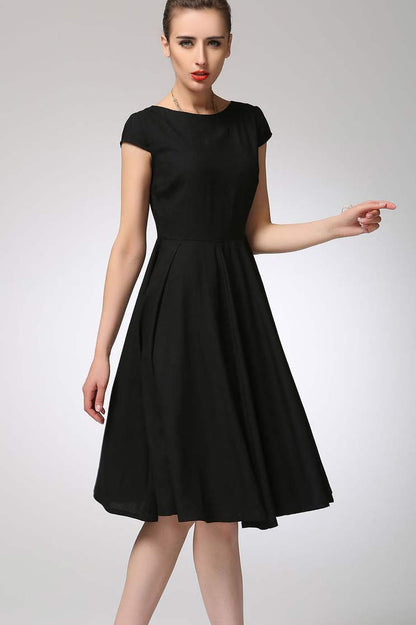 Black Linen Fit and Flared Dress - Boat Neck Cap Sleeve 1263