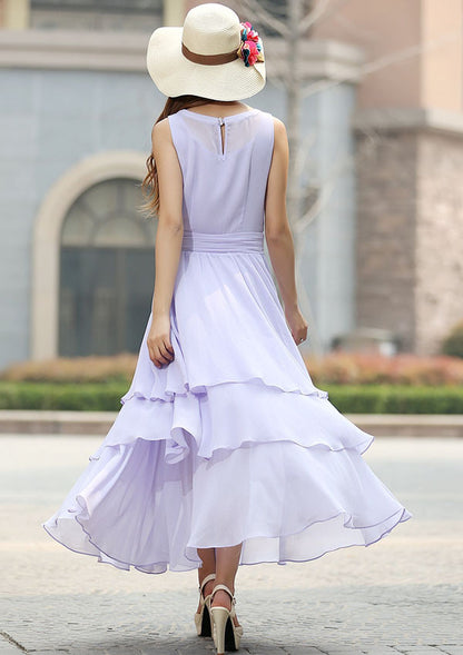 Purple Chiffon Maxi Dress - Sleeveless Tiered with Fitted Waist 929