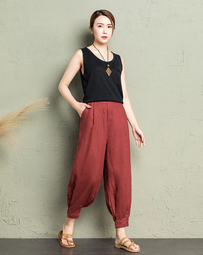 Rust Red Linen Cotton Wide Leg Pants - Back Elastic Waist Comfort 2607