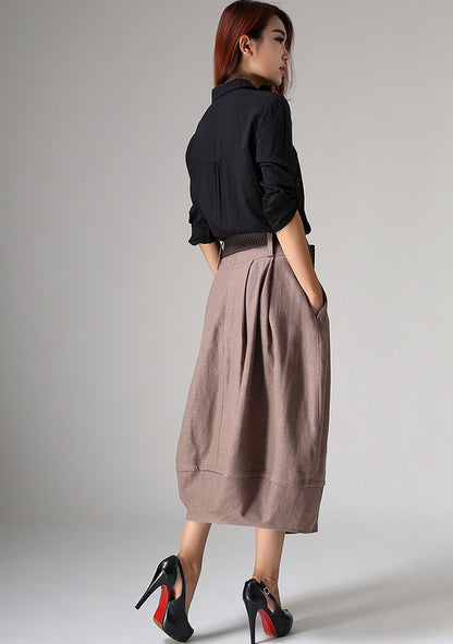 Linen Pleated Bubble Skirt – Vintage Inspired Midi Skirt with Waistband 1032
