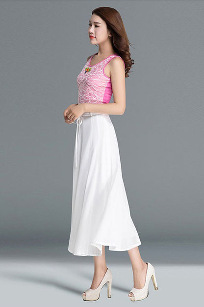 White Summer Midi A Line Pleated Chiffon Skirt 2900