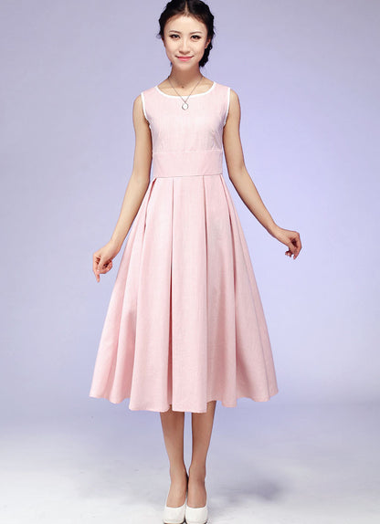 Pink Linen Maxi Dress - Scoop Neck Pleated Skirt | Xiaolizi 581