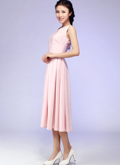 Pink Linen Maxi Dress - Scoop Neck Pleated Skirt | Xiaolizi 581