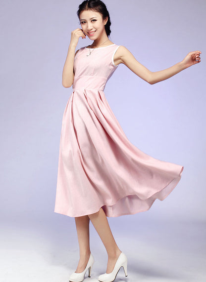 Pink Linen Maxi Dress - Scoop Neck Pleated Skirt | Xiaolizi 581