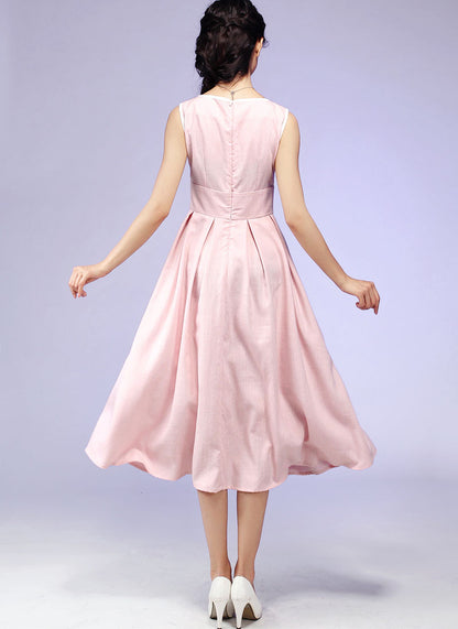 Pink Linen Maxi Dress - Scoop Neck Pleated Skirt | Xiaolizi 581