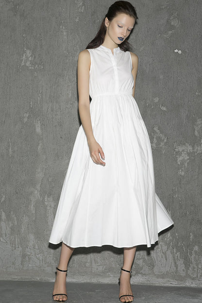 White Cotton Sleeveless Midi Dress - Elastic Waist with Front Buttons 1302