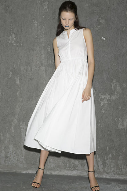 White Cotton Sleeveless Midi Dress - Elastic Waist with Front Buttons 1302