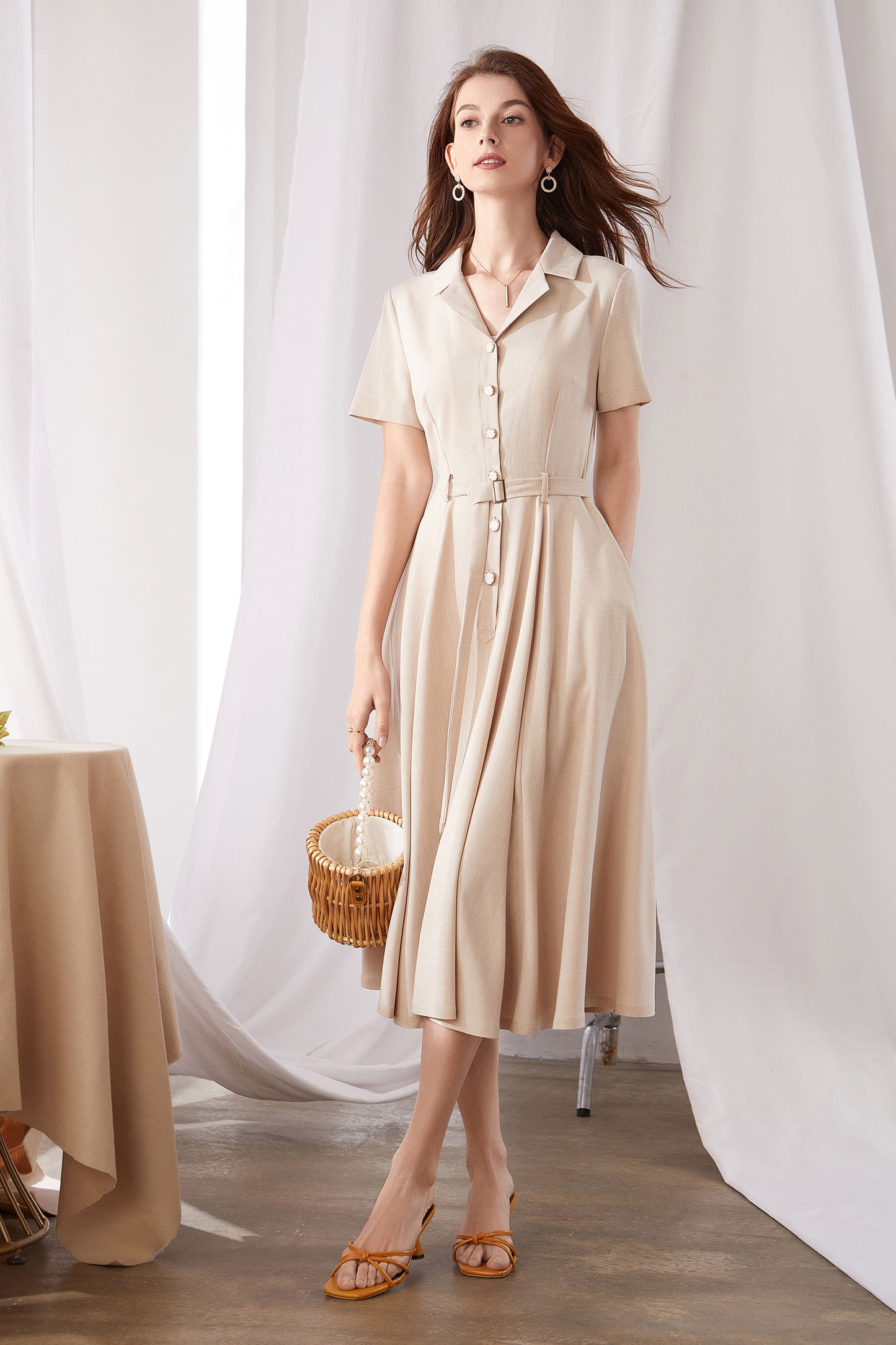 Summer Short Sleeve Waist Dress In Beige  3375#