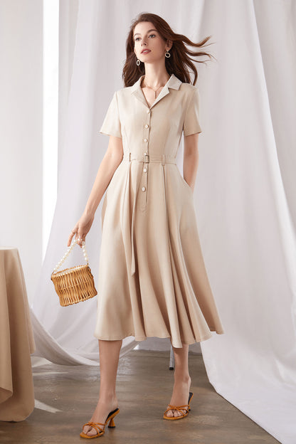 Beige Linen Cotton Swing Dress - Midi A-Line | Xiaolizi 3375