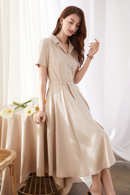 Beige Linen Cotton Swing Dress - Midi A-Line | Xiaolizi 3375