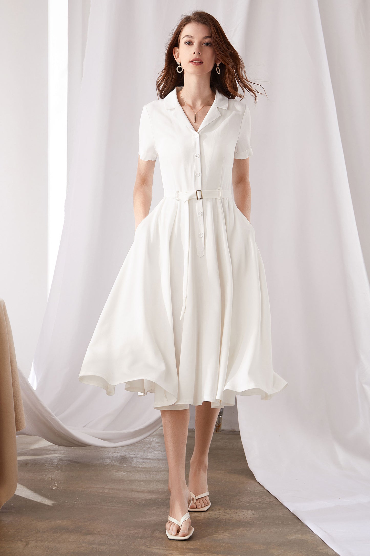 White Linen Cotton Midi Shirtwaist Dress with Flowy Belted Silhouette White / M