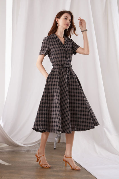 Black & Gray Plaid Linen Midi Dress - 50s Inspired Swing Silhouette 3377