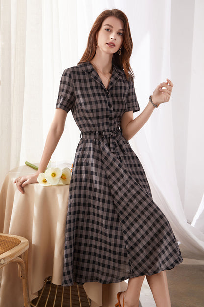 Black & Gray Plaid Linen Midi Dress - 50s Inspired Swing Silhouette 3377