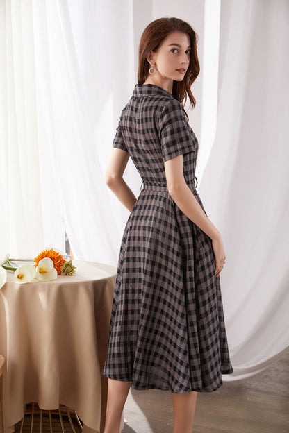 Black & Gray Plaid Linen Midi Dress - 50s Inspired Swing Silhouette 3377