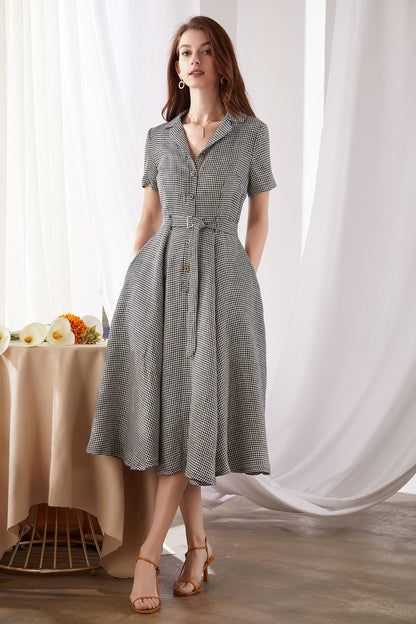 Black White Plaid Linen Cotton Midi Dress - A-Line | Xiaolizi 3378