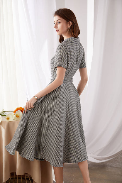 Black White Plaid Linen Cotton Midi Dress - A-Line | Xiaolizi 3378