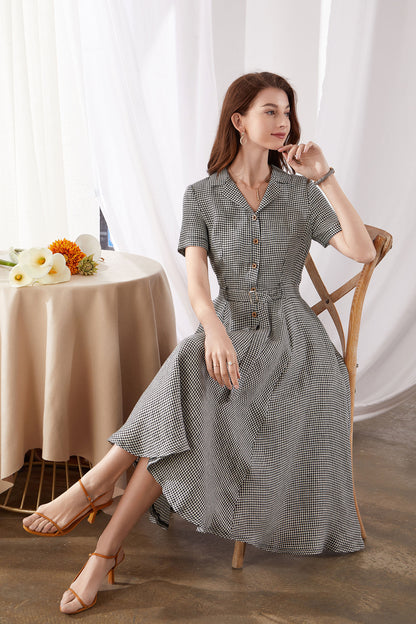 Black White Plaid Linen Cotton Midi Dress - A-Line | Xiaolizi 3378