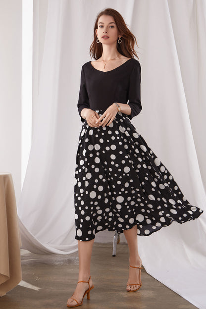 Black Polka Dot Midi Dress - V-Neck 3/4 Sleeve | Xiaolizi 3379