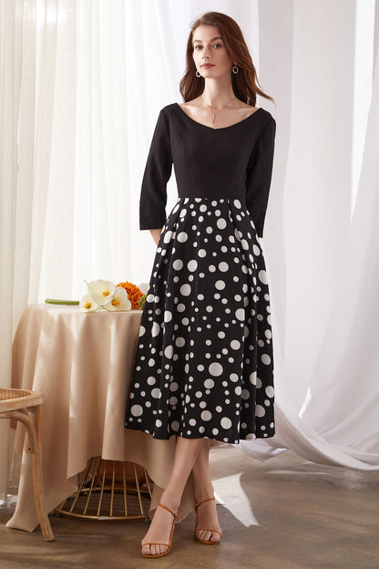Black Polka Dot Midi Dress - V-Neck 3/4 Sleeve | Xiaolizi 3379