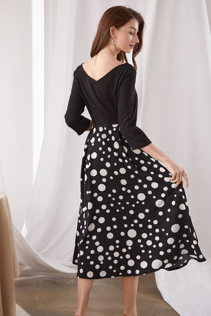 Black Polka Dot Midi Dress - V-Neck 3/4 Sleeve | Xiaolizi 3379