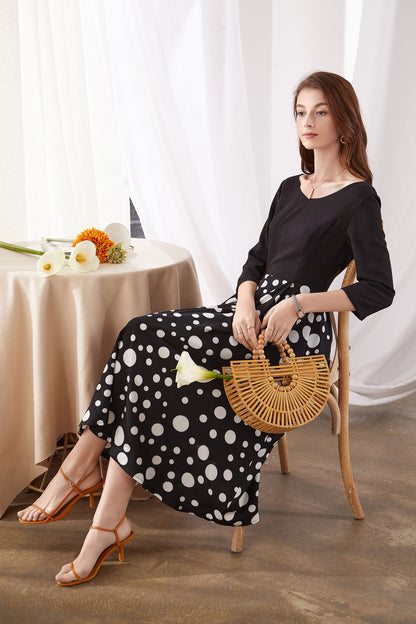 Black Polka Dot Midi Dress - V-Neck 3/4 Sleeve | Xiaolizi 3379
