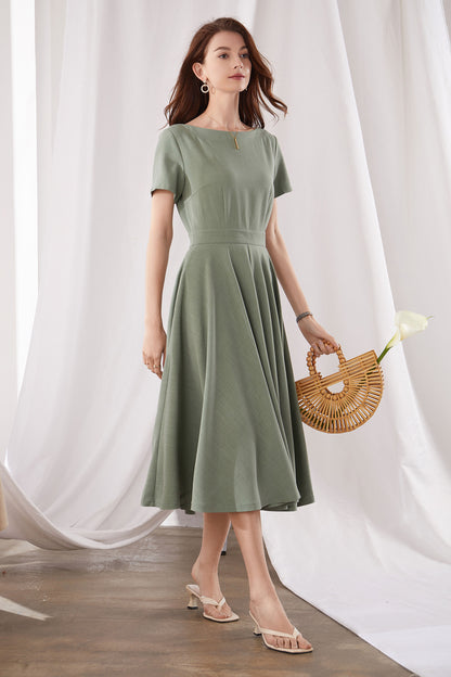 Army Green Cotton Linen Midi Dress - Boat Neck Swing Silhouette 3380