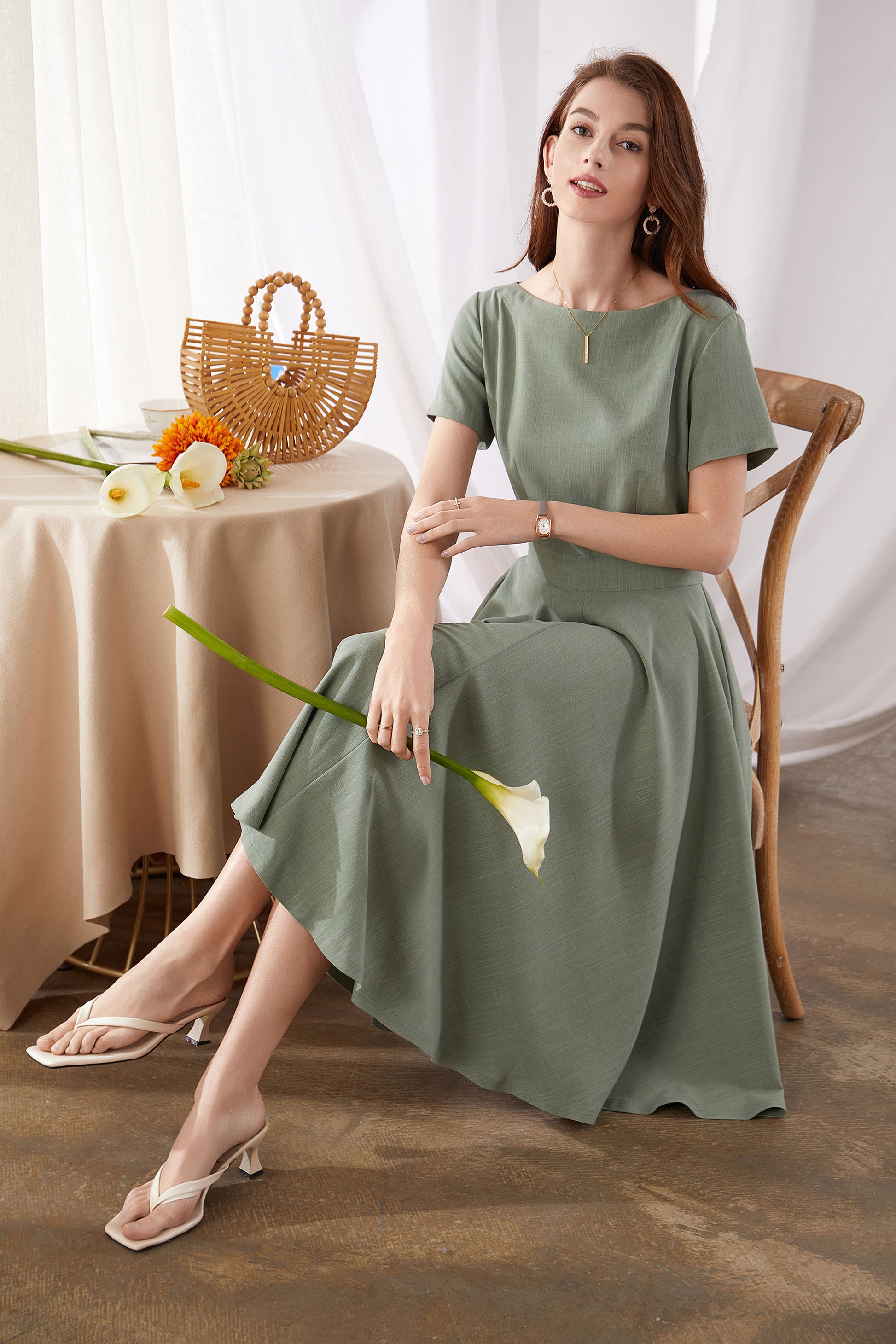 Womens summer Boat Neck Swing Midi Dress 3380# Xiaolizi Womens summer Boat Neck Swing Midi Dress 3380# Xiaolizi