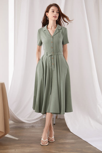 Green Cotton Linen Midi Dress - Button Front, Belted Swing 3381