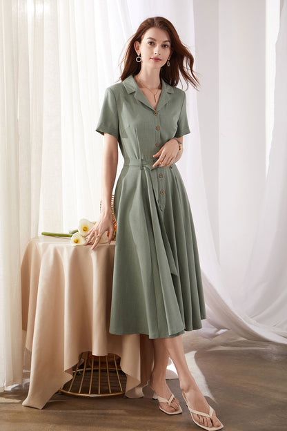 Green Cotton Linen Midi Dress - Button Front, Belted Swing 3381