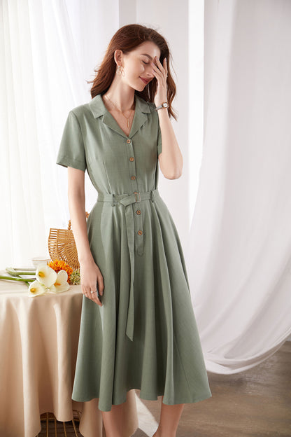 Green Cotton Linen Midi Dress - Button Front, Belted Swing 3381