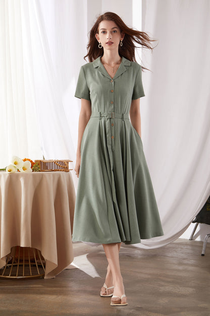 Green Cotton Linen Midi Dress - Button Front, Belted Swing 3381