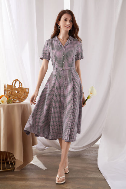 Purple Cotton Linen Midi Dress - Plaid Swing Silhouette 3382
