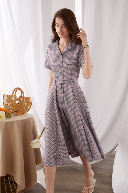 Purple Cotton Linen Midi Dress - Plaid Swing Silhouette 3382