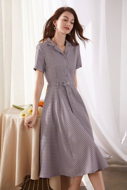 Purple Cotton Linen Midi Dress - Plaid Swing Silhouette 3382
