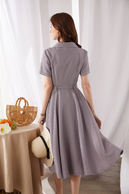 Purple Cotton Linen Midi Dress - Plaid Swing Silhouette 3382