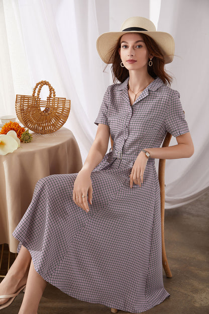 Purple Cotton Linen Midi Dress - Plaid Swing Silhouette 3382