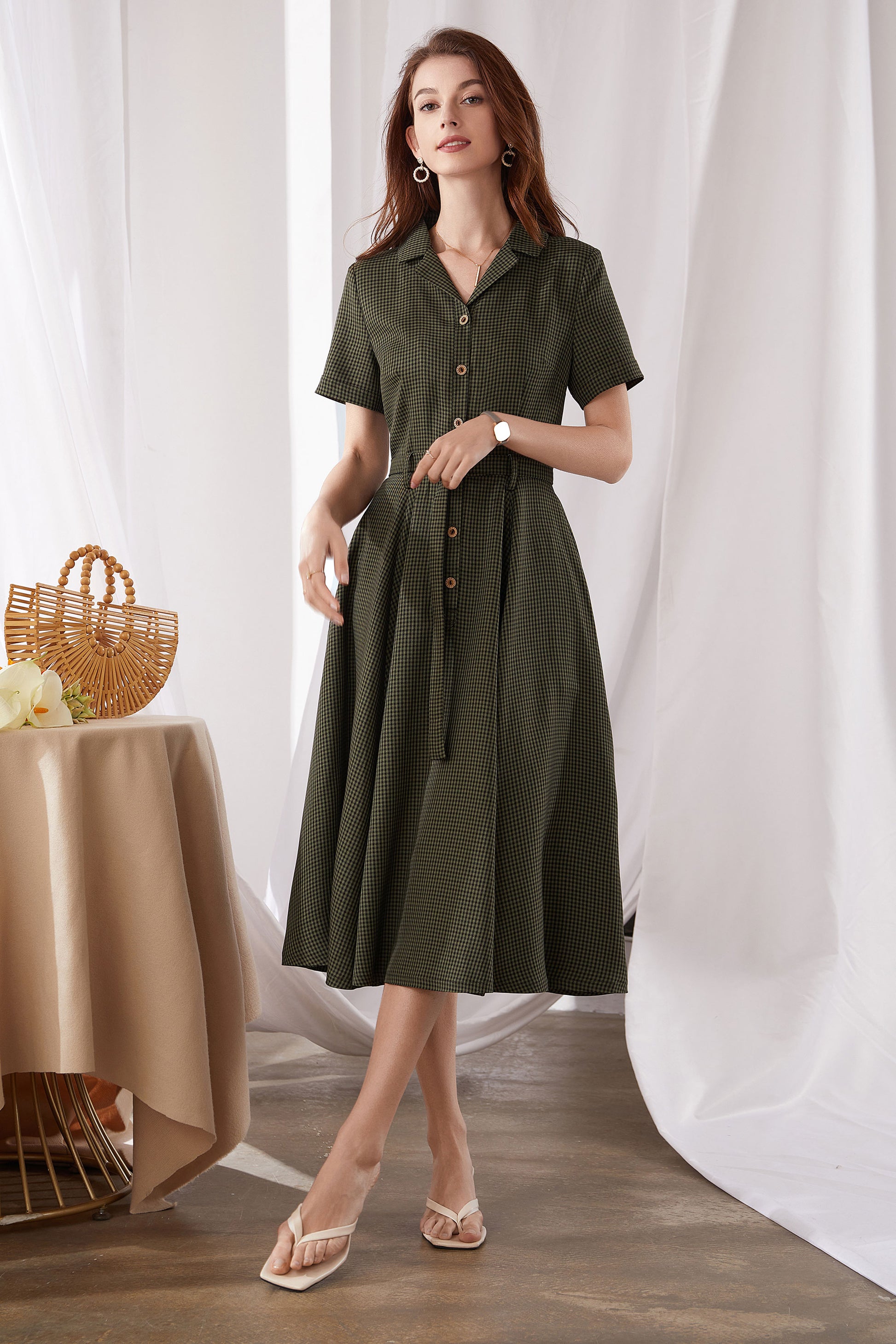 Dark green plaid Button front Dress 3383# Xiaolizi Dark green plaid Button front Dress 3383# Xiaolizi