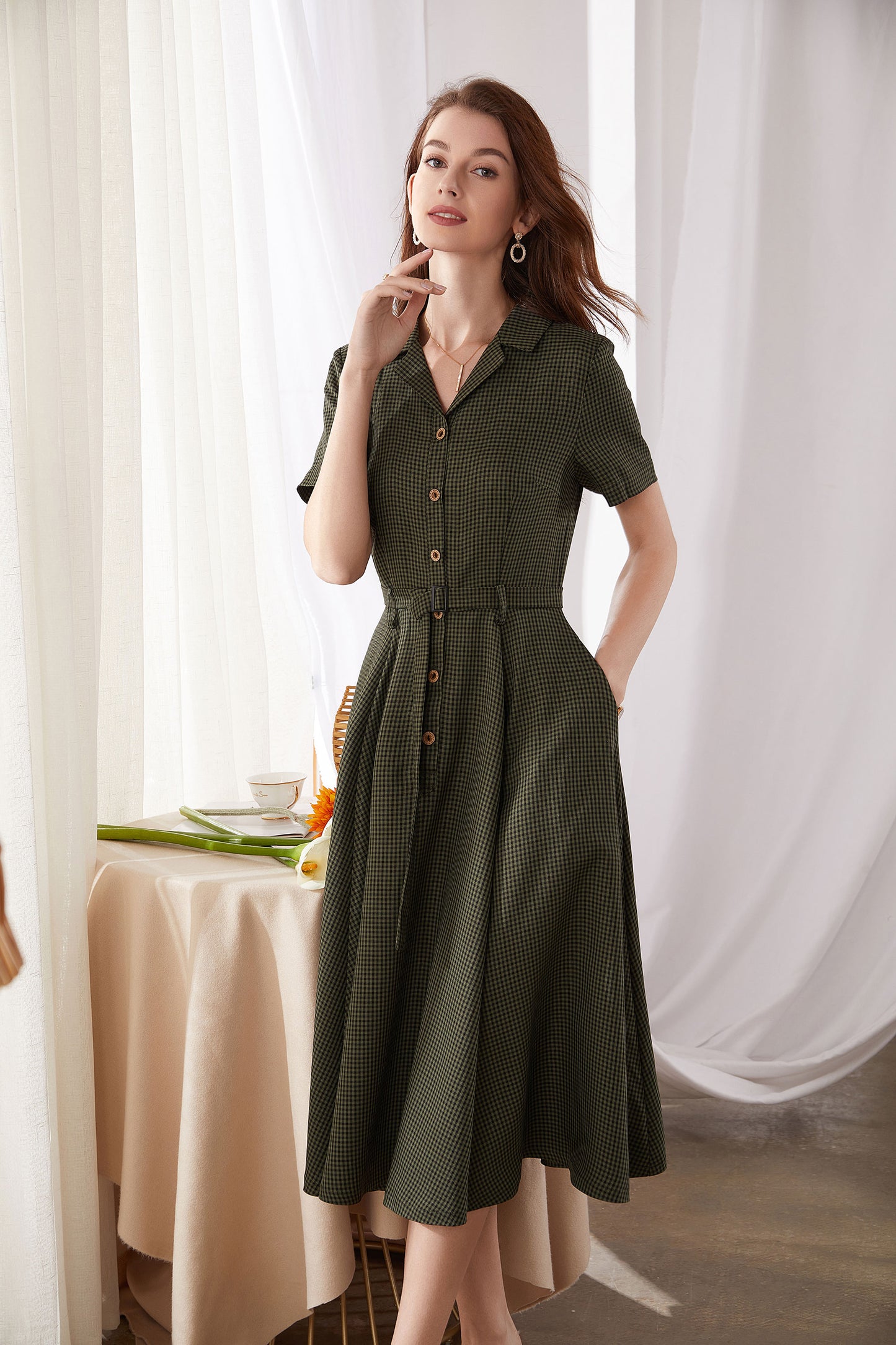 Dark green plaid  Button front Dress 3383#
