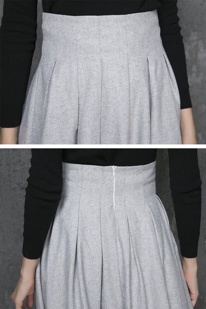 Light Grey Wool Pleated Midi Skirt - High Waisted Elegance 1340
