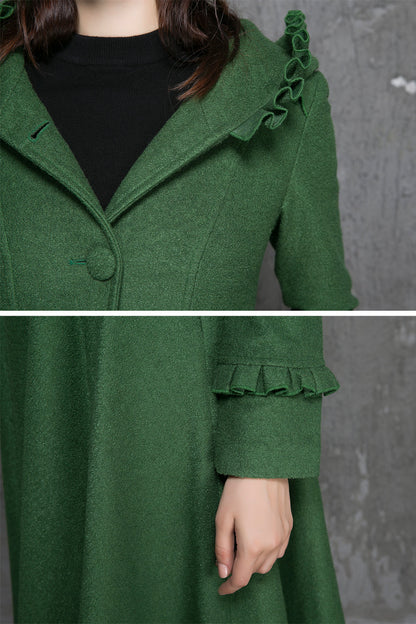 Green Wool Hooded Swing Coat - Handmade Ruffle Long Winter Coat 1345