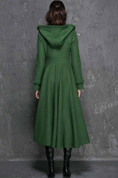 Green Wool Hooded Swing Coat - Handmade Ruffle Long Winter Coat 1345