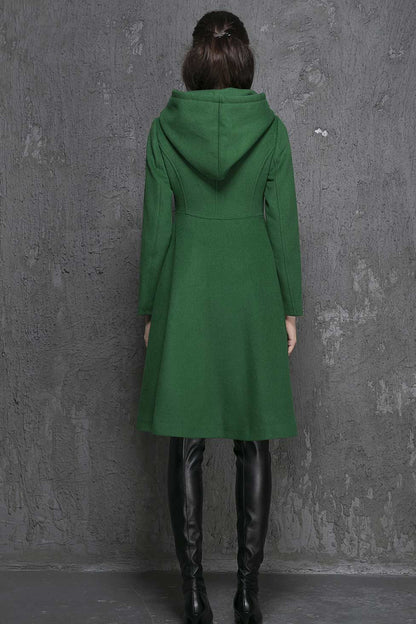 Green Wool Coat - Hooded Swing Empire Waist 1349