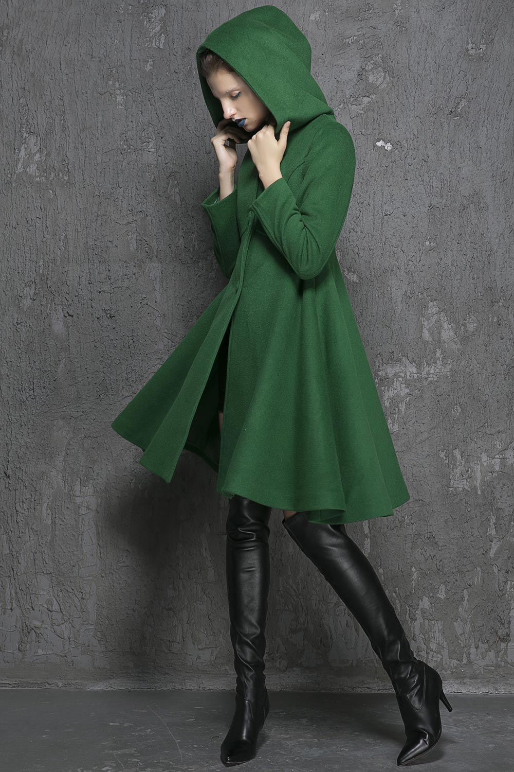 Green swing wool coat for winter 1349#